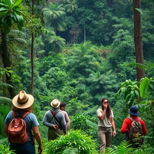 A group of tourists on a gorilla trekking adventure in Bwindi Impenetrable Forest, guided by local rangers
