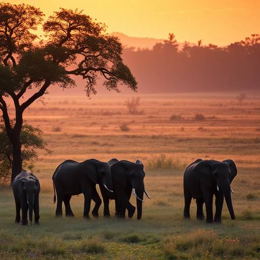 A herd of elephants grazing in Murchison Falls National Park, Uganda