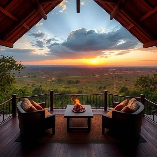 A panoramic view of a luxury safari lodge overlooking the Ugandan savanna