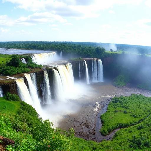 A panoramic view of Murchison Falls National Park, Uganda, showcasing the powerful waterfall and surrounding lush greenery