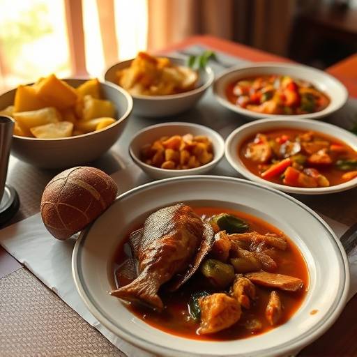 A table filled with various Ugandan dishes, including matooke, grilled fish, and groundnut stew
