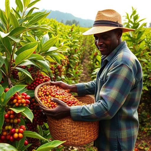 A Ugandan coffee farmer harvesting coffee beans in a lush coffee plantation