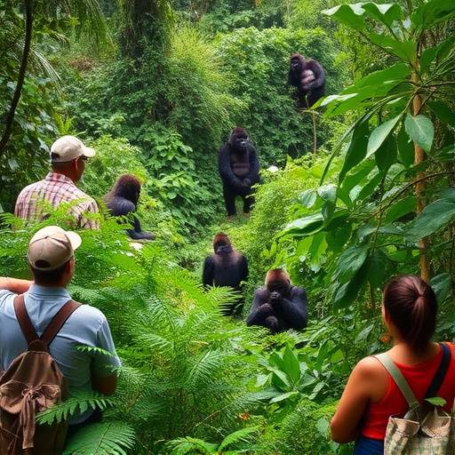 Bwindi Impenetrable Forest: A family of mountain gorillas, including a silverback, in their natural habitat within the dense Bwindi Impenetrable Forest. Tourists observe them from a safe distance.