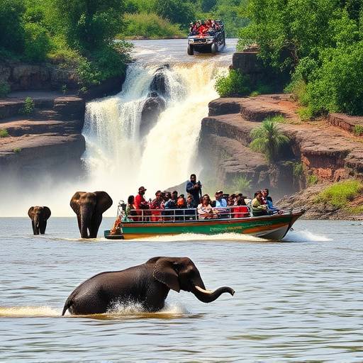 Murchison Falls National Park: A boat cruises along the Nile River with tourists observing wildlife along the shores, including elephants and hippos, against the backdrop of the majestic Murchison Falls.