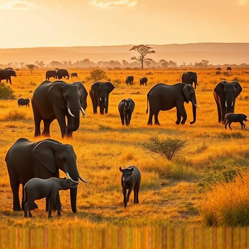 Queen Elizabeth National Park: A wide shot of savanna plains with grazing African elephants and Uganda kobs, showcasing the diverse wildlife of the park.
